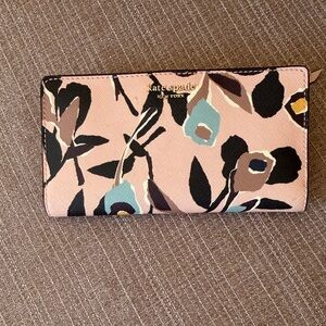 kate spade Floral Pink Zip Around Wallet with Black and Blue Accents